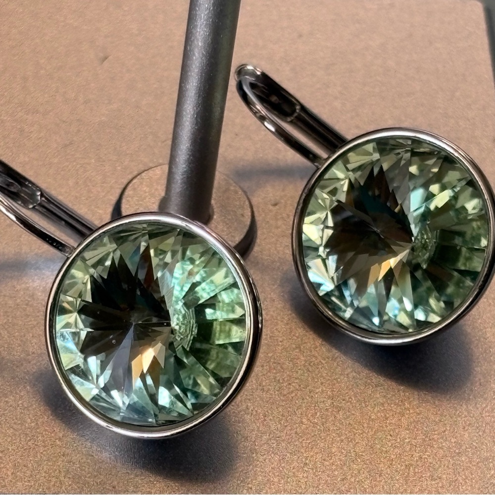 Light Lime Green Small Bella-Style Swarovski Crystal Rhodium Leverback Earrings - Picture 7 of 16